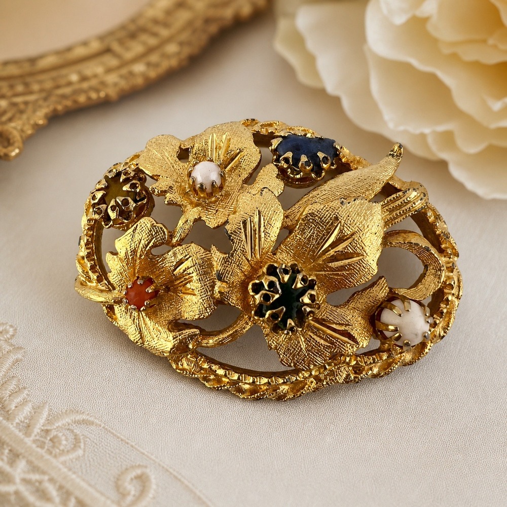 Vintage Gold Tone Floral Brooch Abstract Design Cabochon Pin MCM Statement